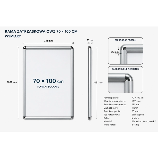 Rama na plakat zatrzaskowa 70 x 100 cm - narożnik zaokrąglony - profil 25mm